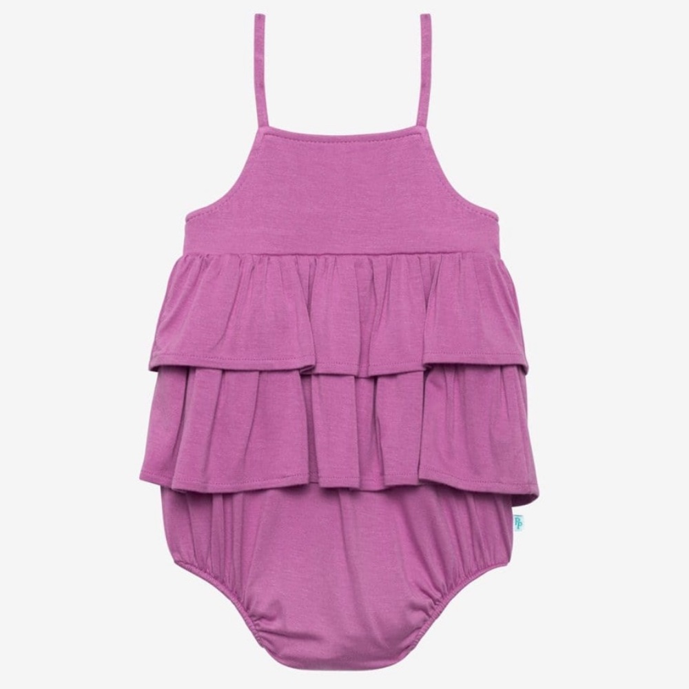 Posh Peanut Royal Violet Sleeveless Ruffled Bubble Romper
